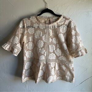 Hinge Cream Lace Tablecloth Peplum Top Romantic Cottagecore Vintage Boho Sz M